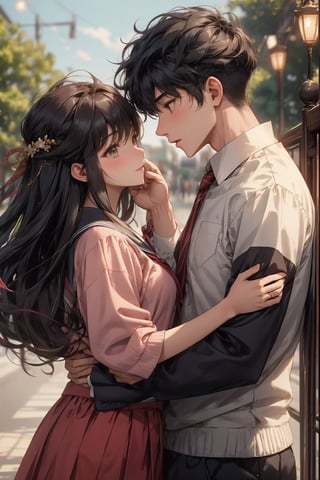 boy and a girl, 2_ characters, school romance, asian, age 17, looking into each other, distance