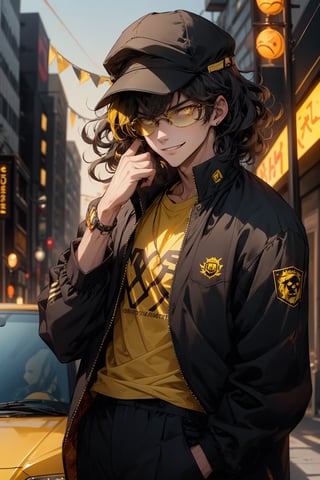 cute boy,19 years old,busy background,black and yellow mixed hair, messed wavy hair, dark yellow eyes,yellow tshirt,black blazer (module) ,balck sunglass,smirk on mouth,narrow eyes,standing near his yellow car, wearing black cap, with a white mask,waiting for his girl, giving her his hand