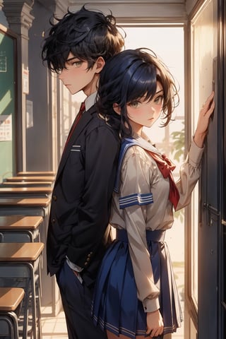 boy and a girl, 2_ characters, school romance, south asian, standing next opposite sides yet looking away from each other, pov_wish you were mine , both in  two different school uniforms, royal blue and gold, looking_at_viewer