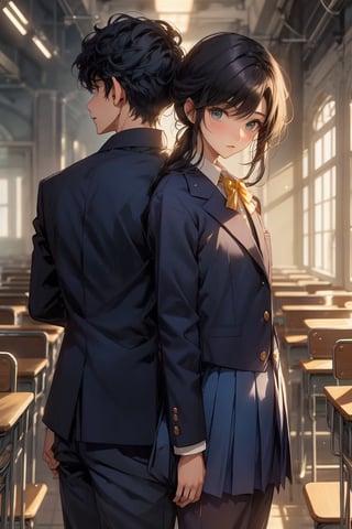 boy and a girl, 2_ characters, school romance, south asian, standing next to each other yet looking away from each other, pov_wish you were mine , both in school uniforms, royal blue and gold, looking_at_viewer