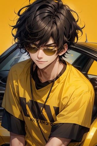 cute boy,19 years old,yellow background,black and yellow mixed hair, messed short hair, dark yellow eyes,white tshirt,balck sunglass,smirk on mouth,narrow eyes, near a black and yellow superclass car,