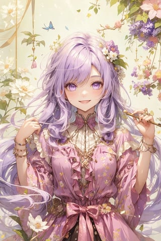 girl with light purple hair and purple eyes, smile