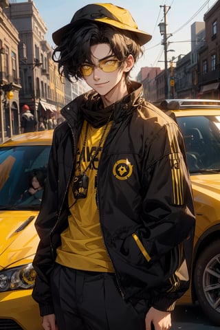 cute boy,19 years old,busy background,black and yellow mixed hair,small thin calm beautiful eyes , messed short hair, dark yellow eyes,yellow tshirt,black blazer (module) ,balck sunglass,smirk on mouth,narrow eyes,standing near his yellow car, wearing black cap, modern cap, with a white mask,waiting for his girl, giving her his hand