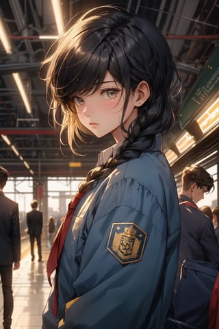 boy and a girl, 2_ characters, school romance, south asian, standing next to each other yet boy looking away from the girl, pov_wish you were mine , both in school uniforms, blue and gold, looking_at_viewer, railway station, girl hair ond braid, boy short hair