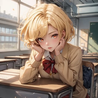 girl ,blonde  short hair,red eyes ,hot , in school uniform, royal blue and gold, female,19 age, scool classroom


