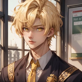 boy  ,blonde  short hair,peircings,yellow eyes ,hot , in school uniform, royal blue and gold, male,boy,19 age, scool classroom


