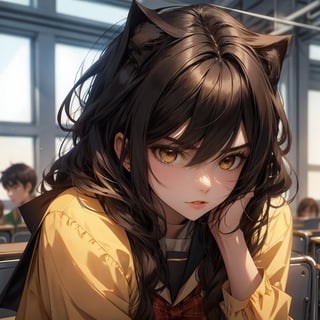 girl ,brown black normal hair,black eyes ,hot , in school uniform, royal blue and gold, female,19 age, scool classroom, annoying as fuck, cunning eyes evillish
