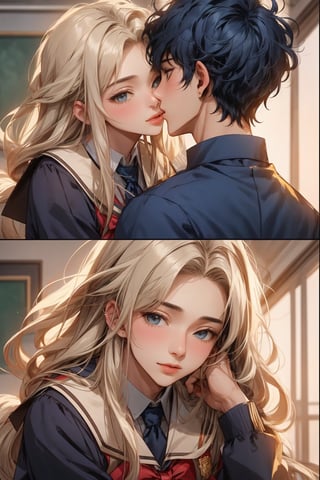 boy and a girl, 2_ characters, school romance, traingle love, south asian, lip kissing,hot, pov_i love you , both in  two different school uniforms, royal blue and gold