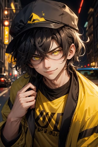 cute boy,19 years old,busy background,black and yellow mixed hair,small thin calm beautiful eyes , messed short hair, dark yellow eyes,yellow tshirt,black blazer (module) ,balck sunglass,smirk on mouth,narrow eyes,standing near his yellow car, wearing black cap, modern cap, with a white mask,with his girlfriend,giving her his hands