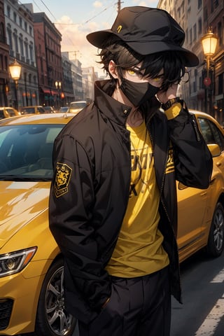 cute boy,19 years old,busy background,black and yellow mixed hair,small calm beautiful eyes , messed short hair, dark yellow eyes,yellow tshirt,black blazer (module) ,balck sunglass,smirk on mouth,narrow eyes,standing near his yellow car, wearing black cap, with a white mask,waiting for his girl, giving her his hand