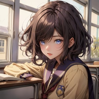 girl ,brown wolfcut hair,purple blue eyes ,hot , in school uniform royal blue and gold, female,19 age, scool classroom, annoying