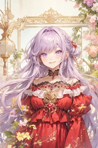 girl with light purple hair and purple eyes, smile, red dress