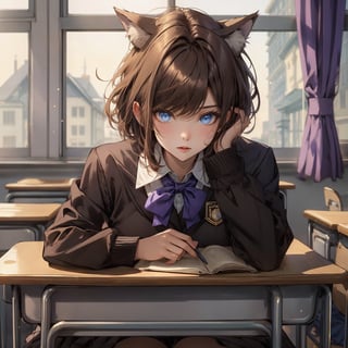 girl ,brown wolfcut hair,purple blue eyes ,hot , in school uniform royal blue and gold, female,19 age, scool classroom, annoying