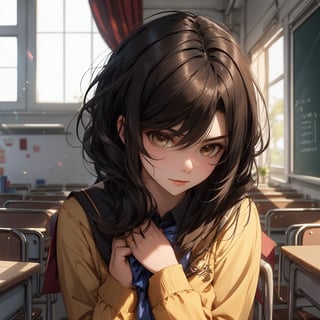 girl ,brown black normal hair,black eyes ,hot , in school uniform, royal blue and gold, female,19 age, scool classroom, annoying as fuck, cunning eyes evillish
