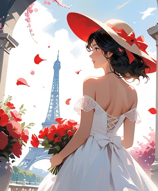 1girl, long hair, black hair, hat, dress, holding, bare shoulders, flower, outdoors, solo focus, from behind, white dress, sun hat, bouquet,oil paint ,art by sargent,
Eiffel Tower, flying petals