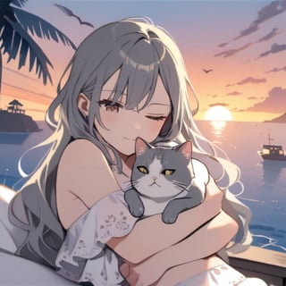 sleepy girl with eye bags, one eye closed, snuggling with gray cat. White bikini. Villa, ocean background. Sunset. Warn light.