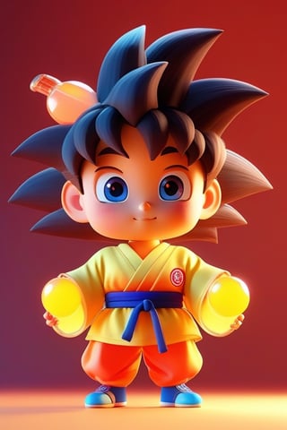 Detailed plastic material, best quality, (very detailed model), (best quality), octane rendering, ray tracing, very detailed, 3D toy, exaggerated giant hair, little goku(full body ) (3D hair,  ((kids)), beautiful eyes, cute big eyes, cute face, pastel colors gradient, red dojo clothes, cute red karate clothes, chib, fluorescent translucent, colorful, plastic, children, transparent, product design , glowing jelly, delicate cute plastic, aesthetic light and shadow 3d, digital art, translucent plastic bubblegum, close-up, 3d, super detailed, generate front view, side view, rear view triple view, borderless, c4d, Octane rendering, Blender , HD, full body, smile,tshirt design, flying on a little yellow cloud.