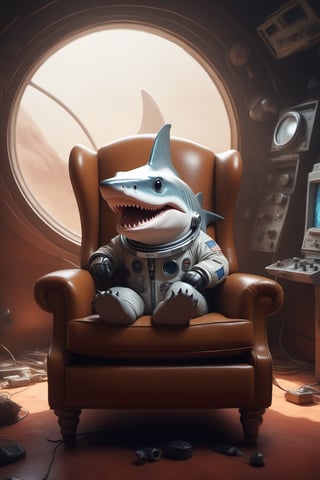 hiperrealistic style,Surreal ,hiperrealisitc,ultra-realistic,an  cute  antropomorphic  hammer shark  in an armchair listening to a radio on the surface jungle of Mars,long hair tired face, detailed futuristic explore astronaut futuristic clothing, old amazing rare radio, background with intricate details, lost eyes, detailed and old armchair, cobwebs, mystical extraterrestrial vegetation, midtones, drama, maximum quality, sharp focus,8k,masterpiece, acrylic painting, trending on pixiv fanbox,professional work,divine,,a extreme facial details,insane anatomies detailed, insane enviroment detailed, bright colors, inspired, vibrant, light novel, exquisite detail, pretty, fine gentle professional color, great composition, vivid colors,artwork in the style of Eve Ventrue, Ryohei Hase, Sparth:1.5,Extremely Realistic,skswoman,glass,jen4con4,Movie Still