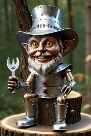 tin lumberjack ((from the Wizard of Oz)) sitting on a tree stump, made entirely of aluminum fused with tin, his entire body is metal,rivets, simple face,completely metal tin face made it,some rust,simple style body, unclothed,retro old model,an ax at his feet, holding an apple in his hand,cylindrical trunk, funnel-shaped hat, looking at the apple, extremely high-resolution details, photographic, realism pushed to extreme, fine texture, incredibly lifelike,dark eyes, happy, perfect anatomical assembly ,impressive minute details,metalic blurred fine surrounding particles,masterpiece,8k,cinematic,realism taken to the extreme,like real life,sharp focus,artstation trend,hyperrealistic style,HDR,volumetric