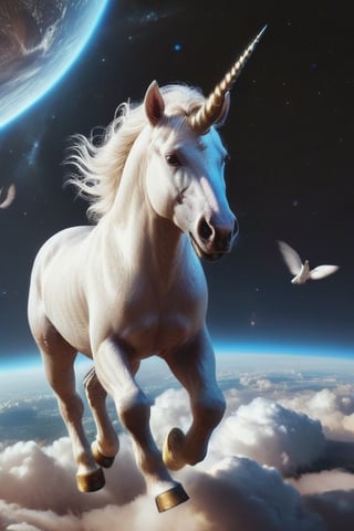 impressive unicorn floating on clouds in outer space, super detailed horn, beautiful ears, very detailed and beautiful hair, impressive and vivid bright jet eyes, white skin tone fading to beige, perfect and beautiful paws, impressive and perfect animal anatomy, detailed background with stars, galloping and releasing flashes of light from their hooves, hyper-realistic style, highly detailed intrinsic and fine details, masterpiece, reality pushed to the extreme, realistic colors with soft tones,extremely high-resolution details, photographic, realism pushed to extreme, fine texture, incredibly lifelike,8k,light effects perfect,trend on artstation,cinematic