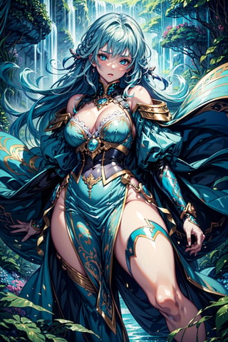 ((masterpiece, best quality)), 1 girl, long light blue hair, short light blue dress, beautiful legs, highly detailed face, light blue eyes, curvy body, uhd image, vibrant artwork, vibrant manga, fantasy mix and realistic elements, the background is a waterfall