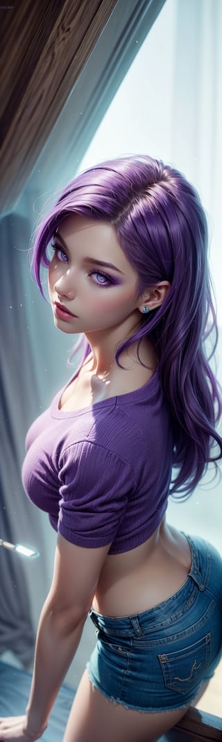 ((masterpiece, best quality)), 1 girl, long purple hair, hair forward, purple shirt, purple shorts, very detailed face, purple eyes, beautiful makeup, lighting in realistic hair, curvy body, view from above, high angle, head closer to the camera and body further away, face effect closer to the camera, uhd image, vibrant artwork, vibrant manga, mix of fantasy and realistic elements, vibrant artwork