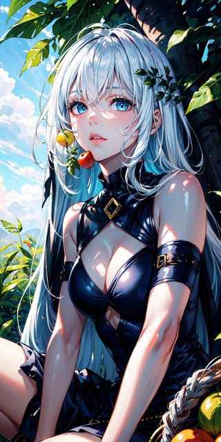 1 girl, white hair, long hair, hair forward, light blue eyes, deep gaze, sitting on the ground under a tree with fruits, super detailed image, perfect face, mix of fantasy and realism, hdr, ultra hd, 4k, 8k