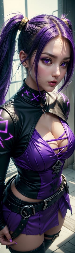 ((masterpiece, best quality)), 1 girl, long purple hair, pigtails, purple top, purple miniskirt, highly detailed face, purple eyes, beautiful makeup, curvy body, top view, high angle, larger head closer to camera and body further away, face effect closer to camera, uhd image, vibrant artwork, vibrant manga, mix of fantasy and realistic elements, vibrant artwork,GlowingRunes_