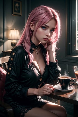 1 girl, pink hair, long hair, hair forward, long hair, pink eyes, intimidating look, deep look, sitting with a cup of coffee, looking into the camera, perfect face, beautiful eyes, beautiful house at night, mix of dark light and light entering from the right, beautiful night, shooting star, mix of fantasy and realism, hdr, ultra hd, 4k, 8k