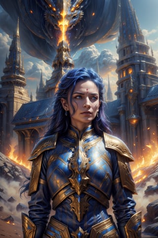 ((masterpiece)), (best quality), (cinematic), 1 woman in metal armor in the foreground, 1 dragon in the background, Woman caressing a fire dragon, worn armor, shine, battlefield background the Middle Ages, detailed face, long hair, wind, mix of fantasy and realism, mix of fire and wind, (cinematic, colorful), (extremely detailed), clouds, hdr, ultra hd, 4k, 8k,dragonborn