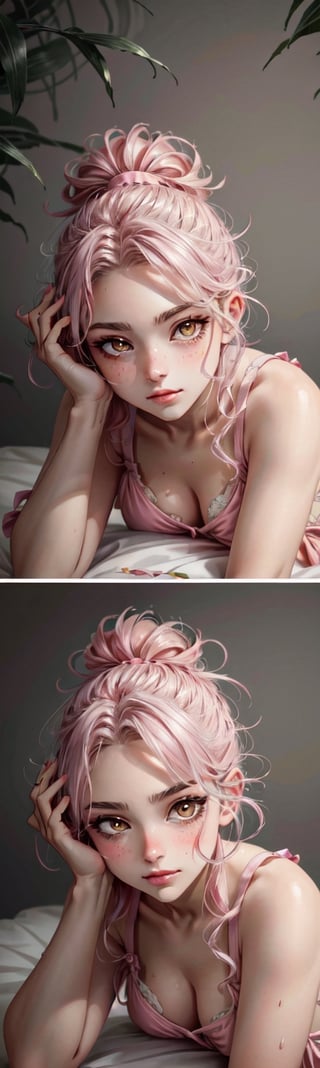 ((masterpiece, best quality)), 1 girl, hair in a ponytail and 2 strands on the sides of her face, torn pink dress, sitting with her hands between her legs, highly detailed face, bright pink eyes, face effect closer to camera, uhd image, dark makeup, curvy body, high angle shot, top view, vibrant artwork, vibrant manga, mix of fantasy and realistic elements, vibrant illustrations