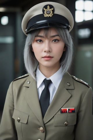 A young woman in a military uniform stands solo, looking directly at the viewer with an intense gaze. Her bangs frame her face, and her shirt is covered by a jacket with long sleeves. Her eyes glow red as she wears black gloves and a necktie, adding to the mysterious atmosphere. White and grey hair peeks out from under her hat, which matches the color of her military uniform. The framing of the shot focuses on her upper body, drawing attention to her closed mouth and piercing gaze, photorealistic:1.3, best quality, masterpiece,MikieHara,