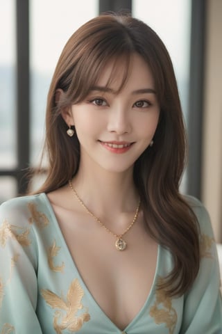 Beautiful, soft light, (beautiful and delicate eyes), very detailed, pale skin, big smile, (long hair), dreamy, medium chest, female 1, ((front shot)), bangs, soft expression, height 170, elegant , Bright smile, person, small necklace, small earrings, fantasy, jewelry, shyness, dreamy soft image, masterpiece, ultra high resolution, skirt, shirt, jacket, color , (both eyes (He gently closes his eyes, raises his head slightly, and appears absorbed in pleasant thoughts),dragon,photorealistic:1.3, best quality, masterpiece,MikieHara,