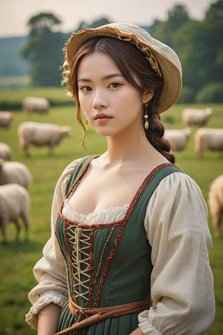 A shepherdess, in the style of the Renaissance, exuding elegance amidst pastoral beauty. (masterpiece, top quality, best quality, official art, beautiful and aesthetic:1.2), (1girl:1.4), portrait, extreme detailed, highest detailed, simple background, 16k, high resolution, perfect dynamic composition, bokeh, (sharp focus:1.2), super wide angle, high angle, high color contrast, medium shot, depth of field, blurry background,impressionist painting,photorealistic:1.3, best quality, masterpiece,MikieHara,