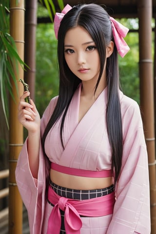 1girl, solo, long hair, looking at viewer, black hair, long sleeves, ribbon, very long hair, standing, full body, hair ribbon, multicolored hair, japanese clothes, pink eyes, kimono, two-tone hair, sash, mouth hold, obi, pink ribbon, sharp fingernails, gag, gagged, haori, pink kimono, bamboo, bit gag, checkered sash, kamado nezuko, beautiful face, cleavage cutout, bbig boobs ,photorealistic:1.3, best quality, masterpiece,MikieHara,