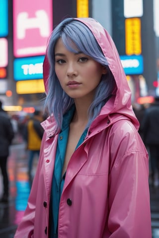 Ultra-high resolution, cinematic lighting,Woman wearing pink raincoat in Times Square, blue medium hair,
,photorealistic:1.3, best quality, masterpiece,MikieHara,