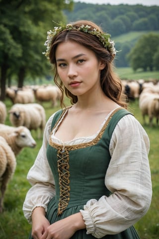 A shepherdess, in the style of the Renaissance, exuding elegance amidst pastoral beauty. (masterpiece, top quality, best quality, official art, beautiful and aesthetic:1.2), (1girl:1.4), portrait, extreme detailed, highest detailed, simple background, 16k, high resolution, perfect dynamic composition, bokeh, (sharp focus:1.2), super wide angle, high angle, high color contrast, medium shot, depth of field, blurry background,impressionist painting,photorealistic:1.3, best quality, masterpiece,MikieHara,