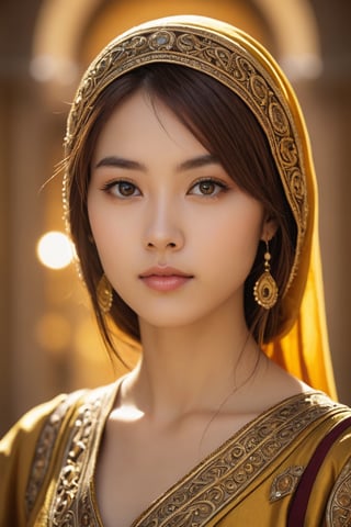 A portrait of a Byzantine style girl with golden background,front view,(masterpiece, top quality, best quality, official art, beautiful and aesthetic:1.2), (1girl:1.4), portrait, extreme detailed, highest detailed, simple background, 16k, high resolution, perfect dynamic composition, bokeh, (sharp focus:1.2), super wide angle, high angle, high color contrast, medium shot, depth of field, blurry background,,itacstl,photorealistic:1.3, best quality, masterpiece,MikieHara,