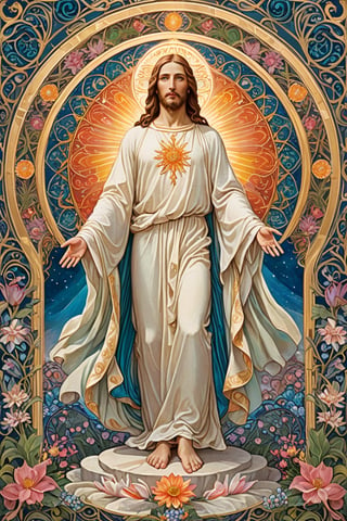 Glorious resurrection of the Savior, (stylized_artnouveau_illustration:1.2), dignified and serene Jesus rising in divine majesty, face peaceful and benevolent, ornate halo of light behind him, intricate celestial mandala patterning his flowing robes, sacred stigmata on hands and feet, the tomb opened with light pouring forth, cherubic figures observing in awe, vibrant easter colors, swirling organic compositions, delicate linework,itacstl