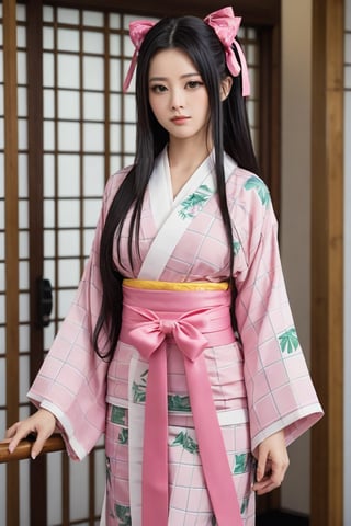 1girl, solo, long hair, looking at viewer, black hair, long sleeves, ribbon, very long hair, standing, full body, hair ribbon, multicolored hair, japanese clothes, pink eyes, kimono, two-tone hair, sash, mouth hold, obi, pink ribbon, sharp fingernails, gag, gagged, haori, pink kimono, bamboo, bit gag, checkered sash, kamado nezuko, beautiful face and sexy, ,photorealistic:1.3, best quality, masterpiece,MikieHara,