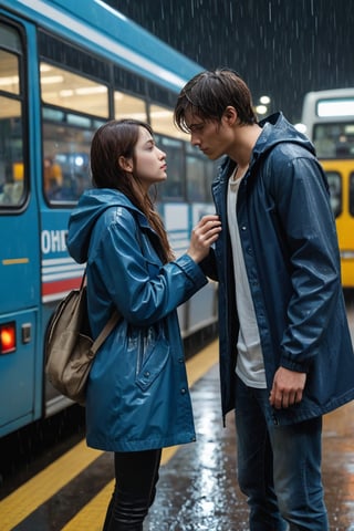 European, two young people, masterpiece, top quality, young man and girl are very in love with each other, both 28 years old. Under the rain, the girl is wearing a raincoat and jeans underneath, the man is wearing a blue jacket and jeans, an extremely sad and emotional scene in the night intercity ((at the bus terminal)). girl is about to break up with her boyfriend, their hands are about to be separated from each other, shot from outside, woman about to be left alone, rain, ((terminal)) man waves to the girl from inside the bus and the girl cries very emotionally, drenched, professional professionalism, crooked, both, facing viewer, seen to viewer, live 8k, ultra realistic, night, upper body, photo r3al, shooting star, photo r3al,photorealistic:1.3, best quality, masterpiece,MikieHara,