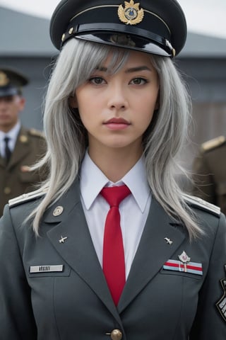 A young woman in a military uniform stands solo, looking directly at the viewer with an intense gaze. Her bangs frame her face, and her shirt is covered by a jacket with long sleeves. Her eyes glow red as she wears black gloves and a necktie, adding to the mysterious atmosphere. White and grey hair peeks out from under her hat, which matches the color of her military uniform. The framing of the shot focuses on her upper body, drawing attention to her closed mouth and piercing gaze, photorealistic:1.3, best quality, masterpiece,MikieHara,