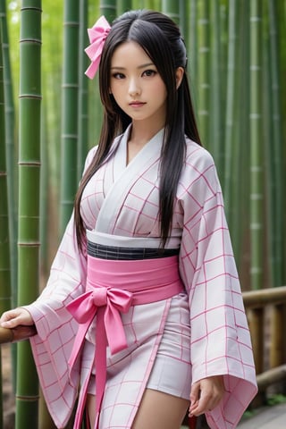 1girl, solo, long hair, looking at viewer, black hair, long sleeves, ribbon, very long hair, standing, full body, hair ribbon, multicolored hair, japanese clothes, pink eyes, kimono, two-tone hair, sash, mouth hold, obi, pink ribbon, sharp fingernails, gag, gagged, haori, pink kimono, bamboo, bit gag, checkered sash, kamado nezuko, beautiful face, cleavage cutout, bbig boobs ,photorealistic:1.3, best quality, masterpiece,MikieHara,