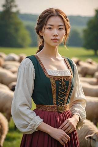 A shepherdess, in the style of the Renaissance, exuding elegance amidst pastoral beauty. (masterpiece, top quality, best quality, official art, beautiful and aesthetic:1.2), (1girl:1.4), portrait, extreme detailed, highest detailed, simple background, 16k, high resolution, perfect dynamic composition, bokeh, (sharp focus:1.2), super wide angle, high angle, high color contrast, medium shot, depth of field, blurry background,impressionist painting,photorealistic:1.3, best quality, masterpiece,MikieHara,