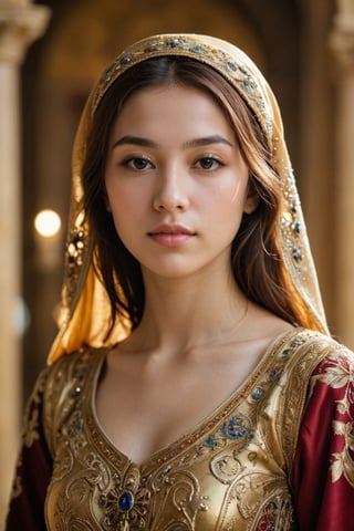 A portrait of a Byzantine style girl with golden background,front view,(masterpiece, top quality, best quality, official art, beautiful and aesthetic:1.2), (1girl:1.4), portrait, extreme detailed, highest detailed, simple background, 16k, high resolution, perfect dynamic composition, bokeh, (sharp focus:1.2), super wide angle, high angle, high color contrast, medium shot, depth of field, blurry background,,itacstl,photorealistic:1.3, best quality, masterpiece,MikieHara,