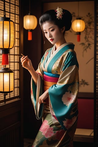 A stunning Japanese geisha posing elegantly in a traditional setting. Framed by ornate screens and subtle lantern light, her kimono's vibrant hues shine against the subdued backdrop. Her serene expression and gentle hand gesture exude an air of refinement and poise, as if frozen in time amidst the soft glow of incense smoke.