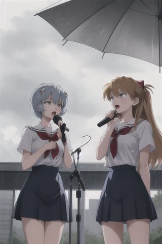 rei ayanami, asuka langley, 2girls, souryuu asuka langley, ayanami rei, wearing school uniform, singing at a school outside, raining, cloudy, high detail, masterpiece