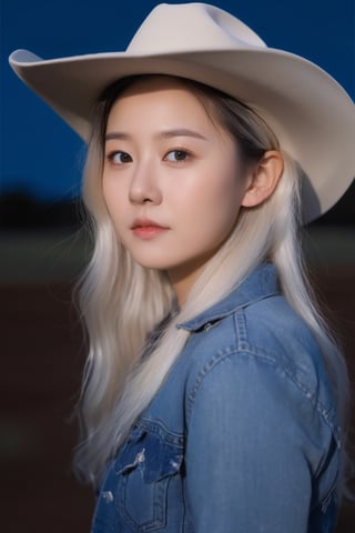 cowboy shot,Canon RF85mm f/1.2,1girl korean,20yo, solo, realistic, long hair, denim, white hair,look at viewer,by (artist Aliza Razell:1.5),Absolute field,sky,night,Galaxy,simple background,realistic