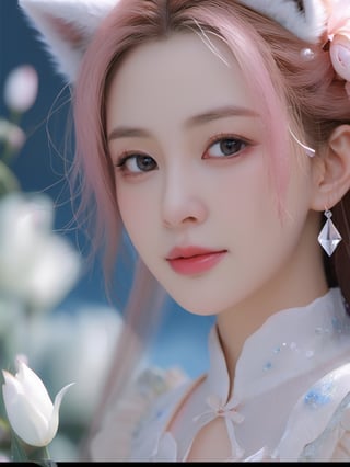 Masterpiece, best quality, official art, very detailed cg 8k wallpaper, (petals) (detailed ice), crystal texture skin, cold pressed, (fox ears), (pink hair), long hair, messy hair, blue eyes, looking at the audience, very delicate and beautiful, water, (beautiful eyes), highly detailed, movie lighting, (beautiful face), fine water surface, (original character painting), ultra detailed, Incredibly meticulous, (extremely delicate and beautiful), beautiful and meticulous eyes, (the best quality)
,xxmixgirl