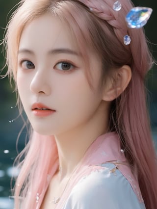 Masterpiece, best quality, official art, very detailed cg 8k wallpaper, (petals) (detailed ice), crystal texture skin, cold pressed, (fox ears), (pink hair), long hair, messy hair, blue eyes, looking at the audience, very delicate and beautiful, water, (beautiful eyes), highly detailed, movie lighting, (beautiful face), fine water surface, (original character painting), ultra detailed, Incredibly meticulous, (extremely delicate and beautiful), beautiful and meticulous eyes, (the best quality)
